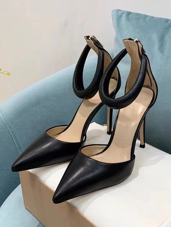 negro Zapatos de tacón alto plateados con punta puntiaguda y tacón de aguja con tiras en el tobillo
