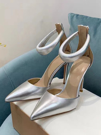 plateado Zapatos de tacón alto plateados con punta puntiaguda y tacón de aguja con tiras en el tobillo