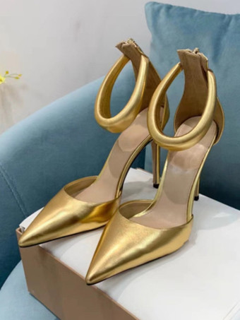 dorado Zapatos de tacón alto plateados con punta puntiaguda y tacón de aguja con tiras en el tobillo