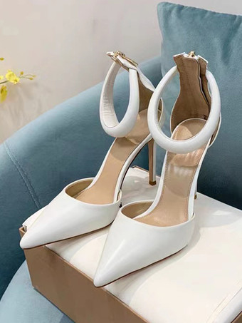 blanco Zapatos de tacón alto plateados con punta puntiaguda y tacón de aguja con tiras en el tobillo
