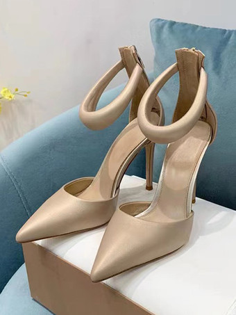 Color almendra claroZapatos de tacón alto plateados con punta puntiaguda y tacón de aguja con tiras en el tobillo