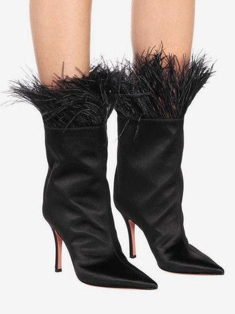 Botines de satén para mujer con punta puntiaguda y detalle de plumas tacón alto para fiesta