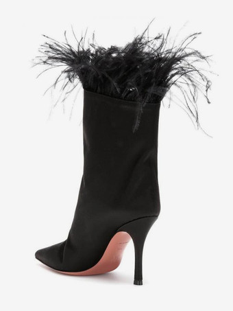 Botines de satén para mujer con punta puntiaguda y detalle de plumas tacón alto para fiesta