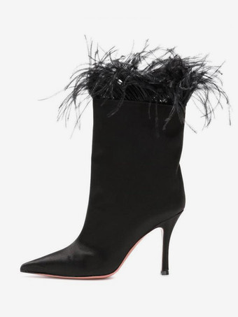 negro Botines de satén para mujer con punta puntiaguda y detalle de plumas tacón alto para fiesta