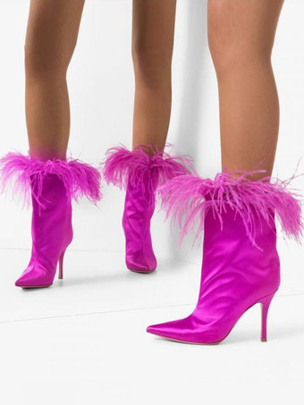 Botines de satén para mujer con punta puntiaguda y detalle de plumas tacón alto para fiesta
