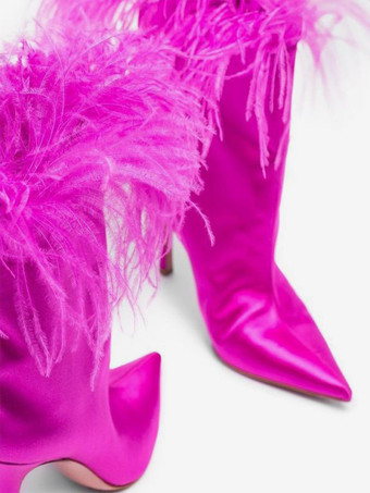 Botines de satén para mujer con punta puntiaguda y detalle de plumas tacón alto para fiesta