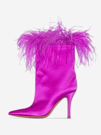 Rojo oradoBotines de satén para mujer con punta puntiaguda y detalle de plumas tacón alto para fiesta