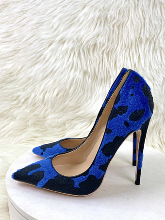 ブルー ハイヒールパンプス 馬毛 ポインテッドトゥ アニマル柄 スリッポンパンプス