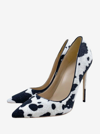 ホワイト ハイヒールパンプス 馬毛 ポインテッドトゥ アニマル柄 スリッポンパンプス