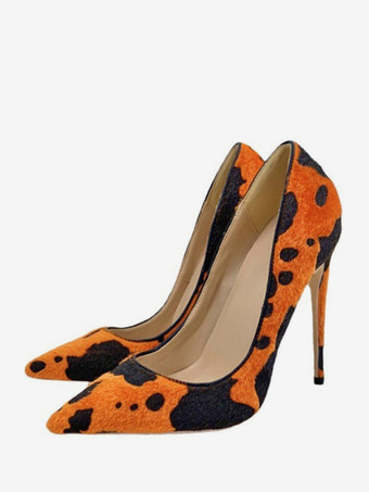 オレンジハイヒールパンプス 馬毛 ポインテッドトゥ アニマル柄 スリッポンパンプス