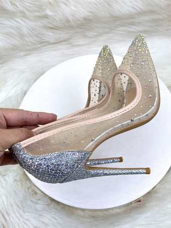 ハイヒール パーティーシューズ メッシュ ラインストーン ポインテッドトゥ スティレットヒール ウェディングシューズ