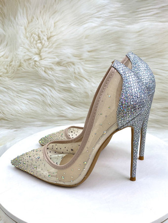 ハイヒール パーティーシューズ メッシュ ラインストーン ポインテッドトゥ スティレットヒール ウェディングシューズ