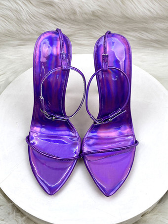 ハイヒールサンダル メタリック オープントゥ アンクルストラップ パーティーシューズ