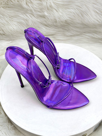 ハイヒールサンダル メタリック オープントゥ アンクルストラップ パーティーシューズ