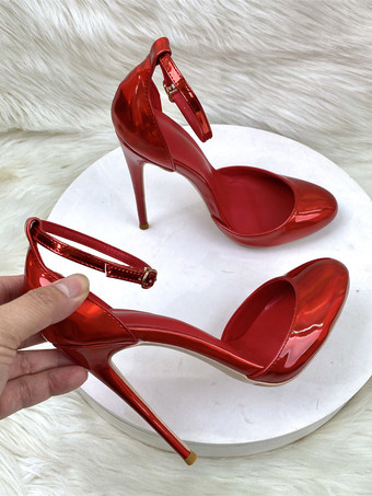 赤いハイヒール メタリック ラウンドトゥ スティレットヒール アンクルストラップ パンプス
