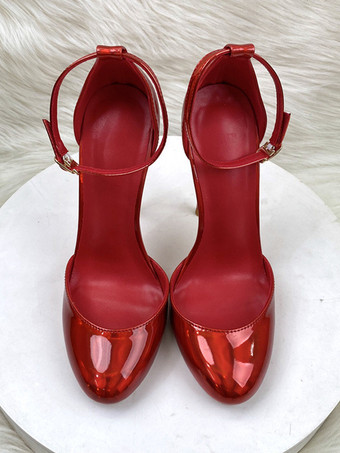 赤いハイヒール メタリック ラウンドトゥ スティレットヒール アンクルストラップ パンプス