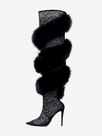 ブラック ブラック オーバーザニーブーツ フェイクファーディテール ハイヒール セクシーなオーバーザニーブーツ