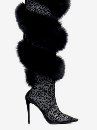 ブラック オーバーザニーブーツ フェイクファーディテール ハイヒール セクシーなオーバーザニーブーツ