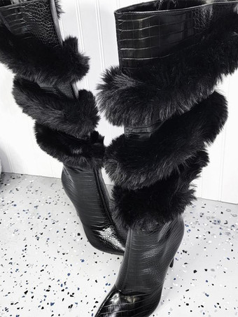 PUブラックブラック オーバーザニーブーツ フェイクファーディテール ハイヒール セクシーなオーバーザニーブーツ