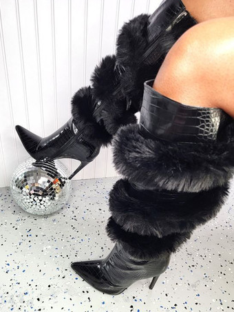 ブラック オーバーザニーブーツ フェイクファーディテール ハイヒール セクシーなオーバーザニーブーツ