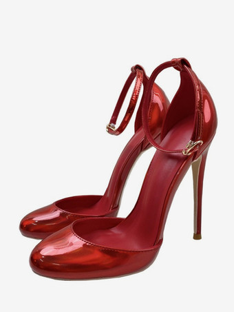 レッド 赤いハイヒール メタリック ラウンドトゥ スティレットヒール アンクルストラップ パンプス