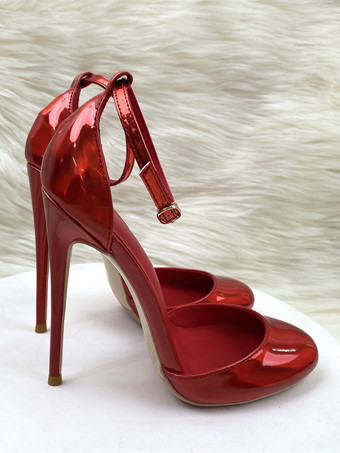 赤いハイヒール メタリック ラウンドトゥ スティレットヒール アンクルストラップ パンプス