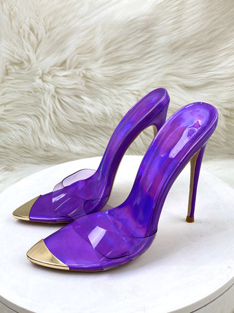 LilaPantoletten mit hohem Absatz und offener Spitze und Stilettoabsatz