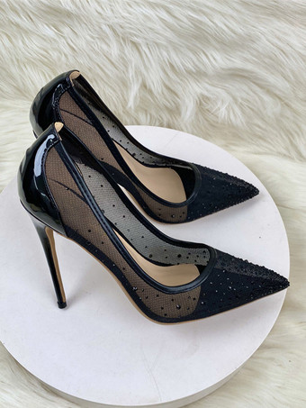 ブラックハイヒール メッシュパッチワーク ラインストーン ポインテッドトゥ スティレットヒール ウェディングシューズ