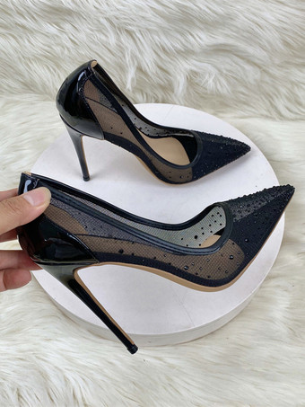 ブラックハイヒール メッシュパッチワーク ラインストーン ポインテッドトゥ スティレットヒール ウェディングシューズ