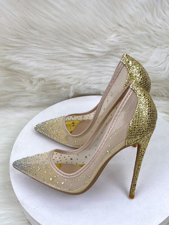 ゴールド ハイヒール パーティーシューズ メッシュ ラインストーン ポインテッドトゥ スティレットヒール ウェディングシューズ
