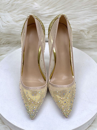ハイヒール パーティーシューズ メッシュ ラインストーン ポインテッドトゥ スティレットヒール ウェディングシューズ