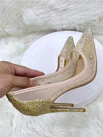 ハイヒール パーティーシューズ メッシュ ラインストーン ポインテッドトゥ スティレットヒール ウェディングシューズ
