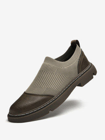 メンズカジュアルシューズ オリーブ牛革 ラウンドトゥ シックシューズ