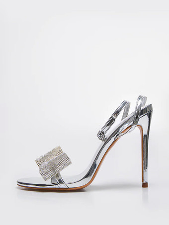 Zapatos de fiesta plateados tacón alto diamantes de imitación sandalias con tiras en el tobillo