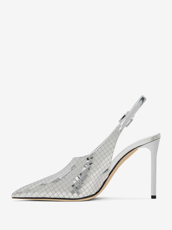 Chaussures de soirée argentées à talons hauts et bout pointu métalliques pour femmes