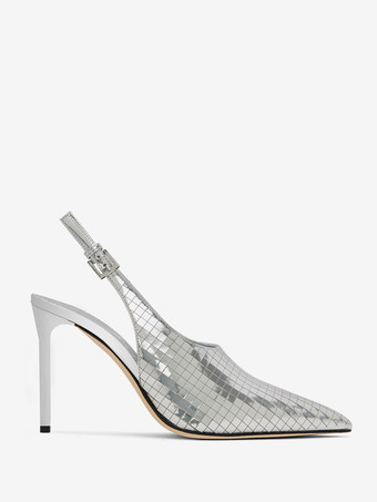 Chaussures de soirée argentées à talons hauts et bout pointu métalliques pour femmes