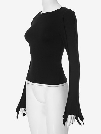 フレアスリーブ クロップトップ クルーネック 春 ベーシック Tシャツ レディース 2025