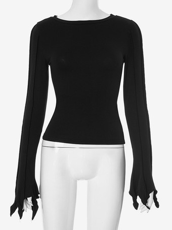 フレアスリーブ クロップトップ クルーネック 春 ベーシック Tシャツ レディース 2025