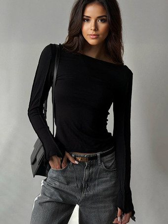 ブラック フレアスリーブ クロップトップ クルーネック 春 ベーシック Tシャツ レディース 2025