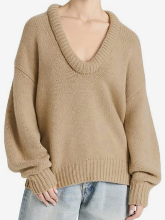 リブニットセーター 胸元が開いたスクープネック ドロップショルダー 長袖 春 オーバーサイズ トップス 2025