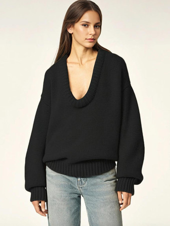 ブラック リブニットセーター 胸元が開いたスクープネック ドロップショルダー 長袖 春 オーバーサイズ トップス 2025