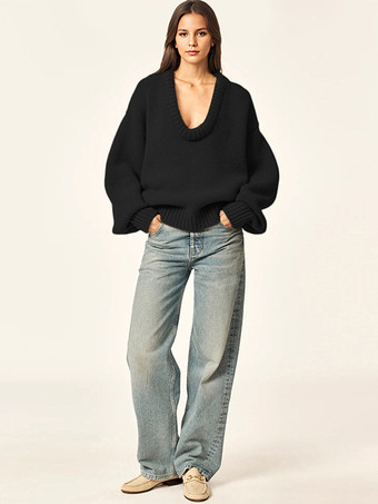 リブニットセーター 胸元が開いたスクープネック ドロップショルダー 長袖 春 オーバーサイズ トップス 2025