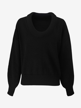 リブニットセーター 胸元が開いたスクープネック ドロップショルダー 長袖 春 オーバーサイズ トップス 2025