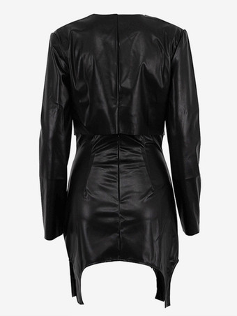 フェイクレザーのツーピースコーデセット（黒の長袖クロップトップとミニスカート）レディース春コーデ 2025