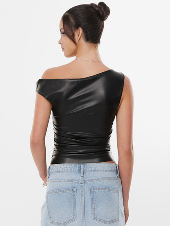 フェイクレザー クロップトップ アシンメトリー ワンショルダー ノースリーブ サマートップス レディース 2025