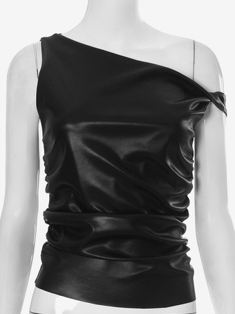 フェイクレザー クロップトップ アシンメトリー ワンショルダー ノースリーブ サマートップス レディース 2025