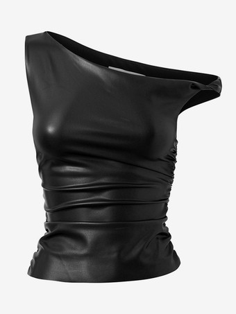 フェイクレザー クロップトップ アシンメトリー ワンショルダー ノースリーブ サマートップス レディース 2025