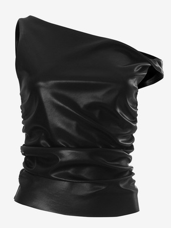 フェイクレザー クロップトップ アシンメトリー ワンショルダー ノースリーブ サマートップス レディース 2025