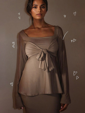 ブラウン蝶結びブラウス スクエアネック 長袖 無地 春 トップス レディース 2026