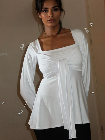 ホワイト 蝶結びブラウス スクエアネック 長袖 無地 春 トップス レディース 2026